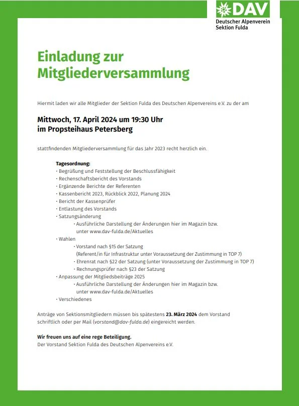 Einladung Mitgliederversammlung 2024 | © DAV Sektion Fulda