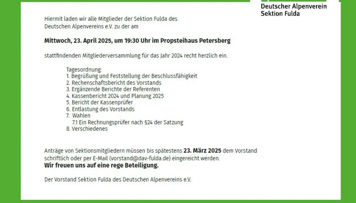 Tagesordnung Mitgliederversammlung 2025 | © DAV Sektion Fulda