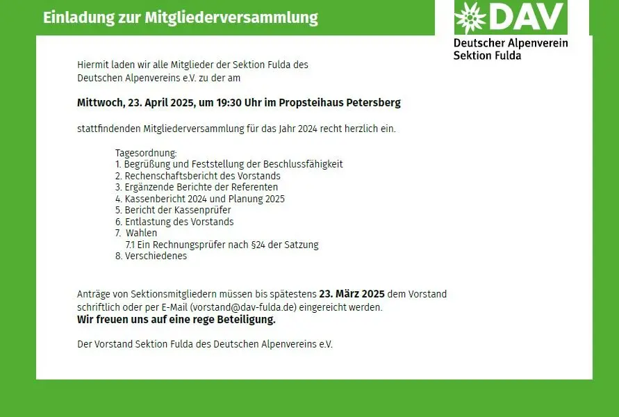 Tagesordnung Mitgliederversammlung 2025 | © DAV Sektion Fulda