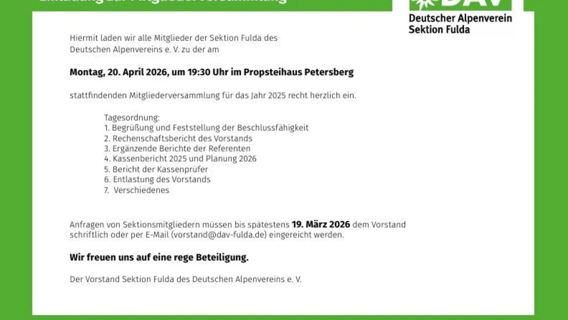 Einladung Mitgliederversammlung 2026 mit Tagesordnung | © DAV Sektion Fulda